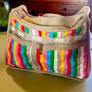 Le Sportsac Striped Logo Pocket Front Belt Bag Rainbow Multicolor Expandable EUC